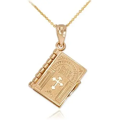 Religious Jewelry by FDJ Polished 10k Gold 3D Holy Bible Book w/Lords Prayer Pendant Necklace