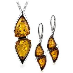 Sterling Silver Amber Two Triangles Earrings Necklace Set 18 Inches