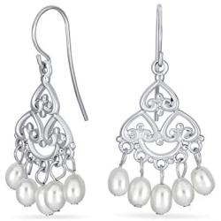 Bali Style White Freshwater Cultured Pearl Boho Filigree Dangle Chandelier Earrings For Women Teen 925 Sterling Silver