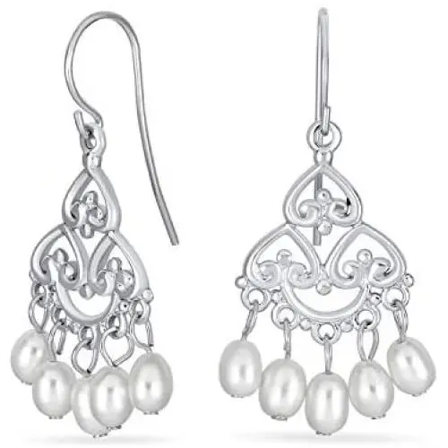 Bali Style White Freshwater Cultured Pearl Boho Filigree Dangle Chandelier Earrings For Women Teen 925 Sterling Silver Bali Style White Freshwater Cultured Pearl Boho Filigree Dangle Chandelier Earrings For Women Teen 925 Sterling Silver