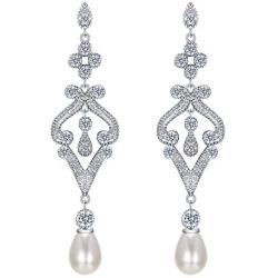 EVER FAITH Pave CZ Cream Simulated Pearl Vintage Style Chandelier Bridal Prom Dangle Earrings Clear Silver-Tone