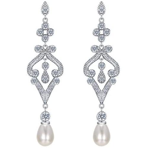 EVER FAITH Pave CZ Cream Simulated Pearl Vintage Style Chandelier Bridal Prom Dangle Earrings Clear Silver-Tone