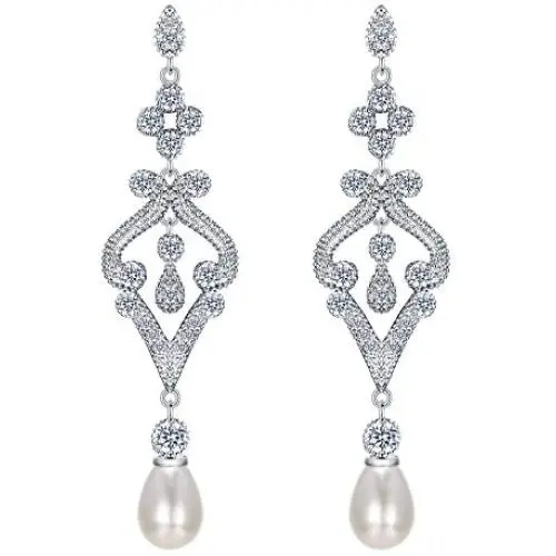 EVER FAITH Pave CZ Cream Simulated Pearl Vintage Style Chandelier Bridal Prom Dangle Earrings Clear Silver-Tone EVER FAITH Pave CZ Cream Simulated Pearl Vintage Style Chandelier Bridal Prom Dangle Earrings Clear Silver-Tone