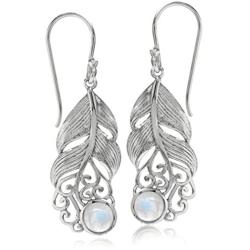 Silvershake Natural Moonstone 925 Sterling Silver Feather Victorian Style Dangle Hook Earrings