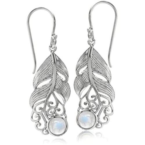 Silvershake Natural Moonstone 925 Sterling Silver Feather Victorian Style Dangle Hook Earrings
