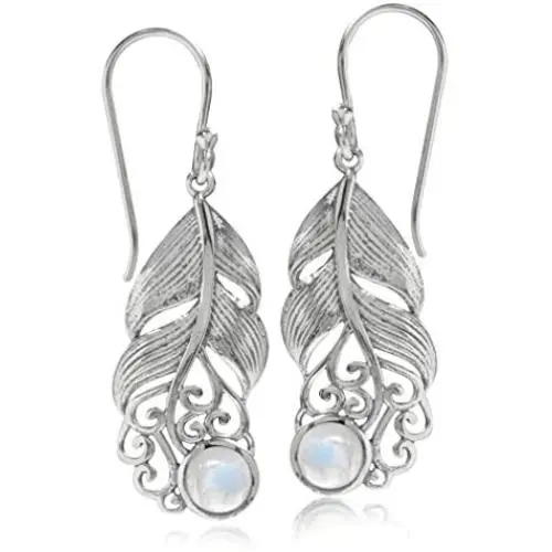 Silvershake Natural Moonstone 925 Sterling Silver Feather Victorian Style Dangle Hook Earrings Silvershake Natural Moonstone 925 Sterling Silver Feather Victorian Style Dangle Hook Earrings