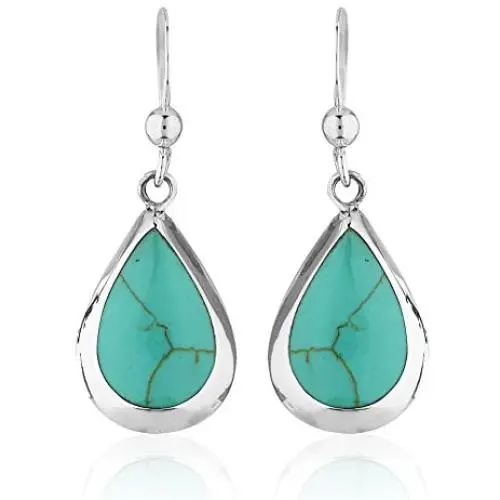 925 Sterling Silver Reconstructed Turquoise Gemstone Pear Tear Drop Dangle Earrings 925 Sterling Silver Reconstructed Turquoise Gemstone Pear Tear Drop Dangle Earrings