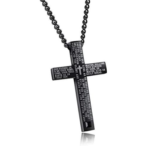 My Daily Styles Stainless Steel Lords Prayer Cross Necklace for Men - 24'' Inch Cross Pendant for Men - Mens Cross Necklace