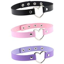 BeeGift Gothic Jewelry-3pcs Love Heart Adjustable Leather Choker Punk PU Necklace Goth Choker Soft Collar Chain for Women Girls