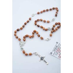 Quality Olive Wood Catholic Prayer & Necklace Rosary, Baptism, First Communion (Wooden Rosary 6 mm Oval Beads), Italian Silver Plated St. Benedict Medal & Crucifix Cross - by Olive Wood Gifts Shop