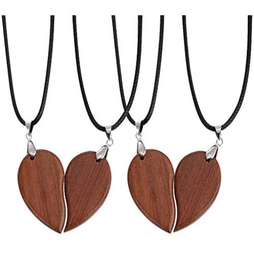 SOOWOOT Wooden Mens Womens Couple Necklace Matching Heart Pendants Friendship Relationship Promise Love Fashion Jewelry Gifts