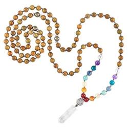 Modern ŌM 108 Premium 8mm Mala Meditation Beads | Unisex Rainbow Mala Necklace Quartz Pendant, Green Sandalwood, Genuine Gemstones Yoga Jewelry