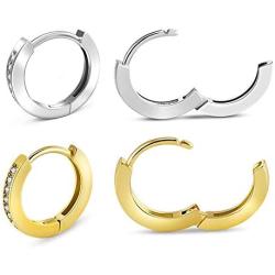 Hoop Earrings for Women, 2 Pairs Sterling Silver and Gold Hypoallergenic Womens Mens Ear Cuff with Cubic Zirconia, Small Jewelry Cartilage Earring Set for Girls as Gift