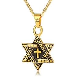 VNOX Messianic Jewish Spiritual Christian Religious Jewelry Stainless Steel Two-Tone Star of David with Cross Pendant Necklace