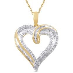 Jewelili 10k Yellow Gold 1/4 cttw White Round Diamond Heart Shape Pendant,18'' Rope Chain