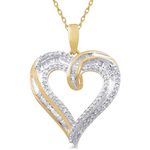Jewelili 10k Yellow Gold 1/4 cttw White Round Diamond Heart Shape Pendant,18'' Rope Chain