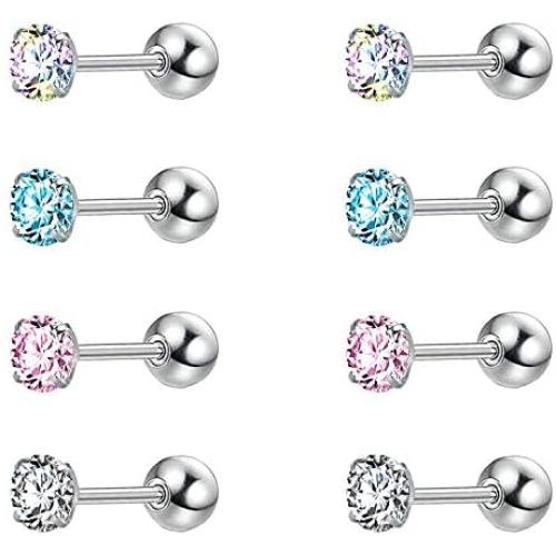 4 Pairs Shiny Cubic Zirconia Surgical Steel Stud Earrings Set for Girls, 20G Cartilage Tragus Helix Conch Piercing Sets for Women