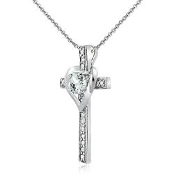 Sterling Silver Light Aquamarine Cross Heart Pendant Necklace for Girls, Teens or Women