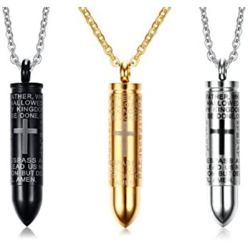 Stainless Steel Bible Lords Prayer Bullet-Shaped Keepsake Ash Cremation Urn Pendant Necklace,Memorial Jewelry,24''