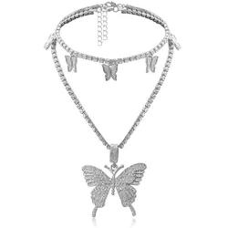Butterfly Choker Necklace Tennis Chain Butterfly Bling Iced Cubic Zirconia CZ Butterfly Necklace Silver Girls Women