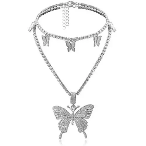 Butterfly Choker Necklace Tennis Chain Butterfly Bling Iced Cubic Zirconia CZ Butterfly Necklace Silver Girls Women Butterfly Choker Necklace Tennis Chain Butterfly Bling Iced Cubic Zirconia CZ Butterfly Necklace Silver Girls Women
