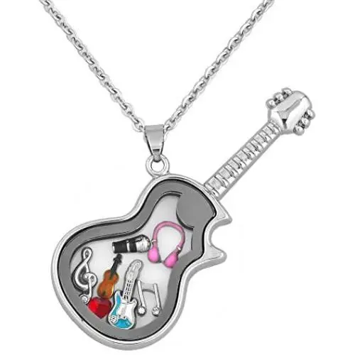 Q&Locket Love Music Rock &Roll Floating Charms in Living Memory Glass Guitar Locket Pendant Necklace Q&Locket Love Music Rock &Roll Floating Charms in Living Memory Glass Guitar Locket Pendant Necklace