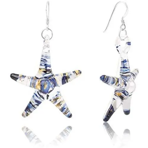 SUVANI Sterling Silver Hand Blown Glass Jewelry Glittery Gold Blue White Starfish Dangle Earrings SUVANI Sterling Silver Hand Blown Glass Jewelry Glittery Gold Blue White Starfish Dangle Earrings