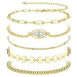 FIBO STEEL 5 Pcs Dainty Gold Bracelets for Women Layered Cute Evil Eye Beaded Ball Paper Clip Disc Chain Bracelet Jewelry Set Elastic Adjustable