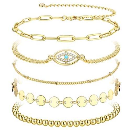 FIBO STEEL 5 Pcs Dainty Gold Bracelets for Women Layered Cute Evil Eye Beaded Ball Paper Clip Disc Chain Bracelet Jewelry Set Elastic Adjustable
