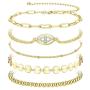 FIBO STEEL 5 Pcs Dainty Gold Bracelets for Women Layered Cute Evil Eye Beaded Ball Paper Clip Disc Chain Bracelet Jewelry Set Elastic Adjustable