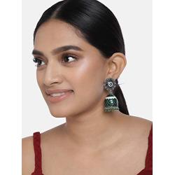 Aheli Intricate Floral Design Crafted Ethnic Wedding Wear Silver Tone Oxidize Enamel Jhumki Dangle Earrings Indian Ethnic Fashion Jewelry for Women