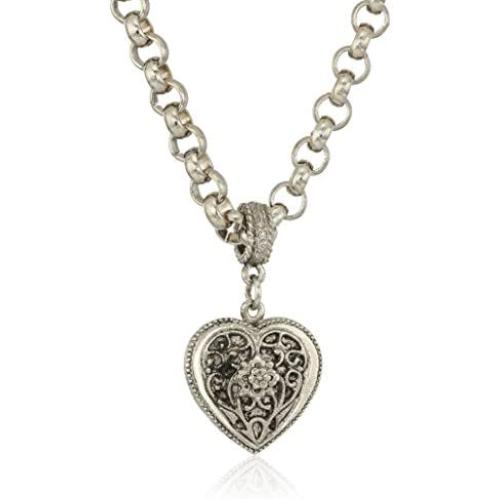 1928 Jewelry Silver Tone Filigree Heart Necklace 16 Adj.