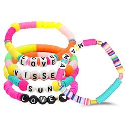 5Pcs Simply Bohemian Polymer Clay Ethnic Style Colorful Vinyl Disc Letter Love Sun Brave Hope Kissed Mama Bracelets for Women Girls Fashion Jewelry