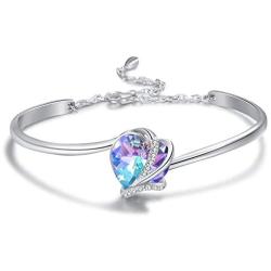 AOBOCO I Love You Jewelry - Sterling Silver Blue Purple Love Heart Bangle Bracelet Embellished with Crystals from Austria, Fine Anniversary Birthday Jewelry Gifts for Women