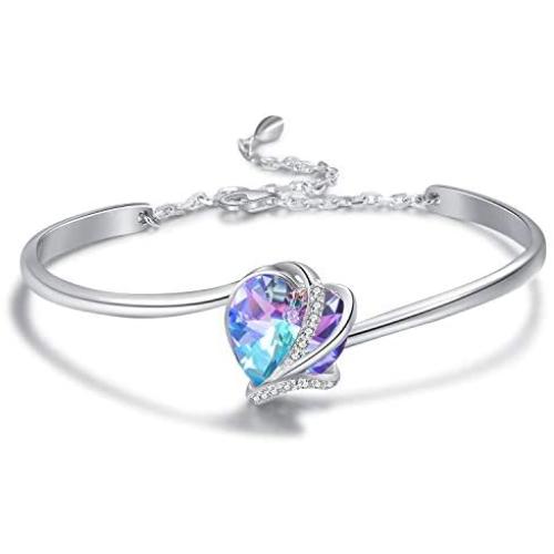 AOBOCO I Love You Jewelry - Sterling Silver Blue Purple Love Heart Bangle Bracelet Embellished with Crystals from Austria, Fine Anniversary Birthday Jewelry Gifts for Women