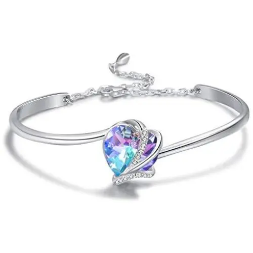 AOBOCO I Love You Jewelry - Sterling Silver Blue Purple Love Heart Bangle Bracelet Embellished with Crystals from Austria, Fine Anniversary Birthday Jewelry Gifts for Women
