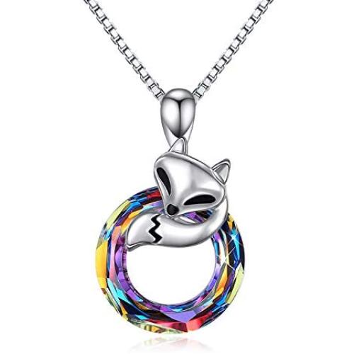 Fox Crystal Necklace 925 Sterling Silver Circle Crystal Pendant Necklace Fox Jewelry Gifts for Women Girlfriend Fox Lover