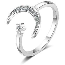 Flzaitian Crescent Moon Ring,Star Moon Adjustable Open Rings for Women Girls