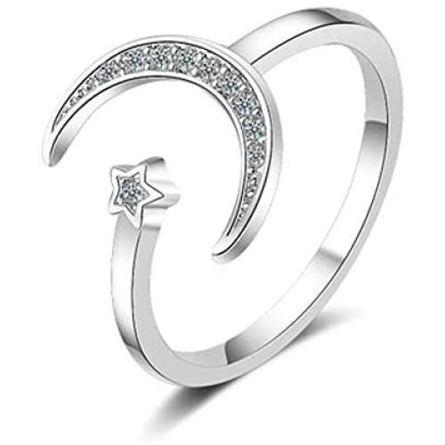 Flzaitian Crescent Moon Ring,Star Moon Adjustable Open Rings for Women Girls