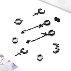 5 Pairs Black Stainless Steel Non-Piercing Spike Rivet Cross Dangle Tassel Clip on Hoop Earrings Set for Women Men Boy Girl, Non Pierced Fake Ear Clip Magnetic Stud Earrings