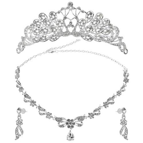 YANSHON Bridal Jewelry Set For Wedding, Tiaras Earrings Necklace Wedding Sets, Crystal Crown Necklace Earrings Tiaras For Women, Bride, Birthday Party