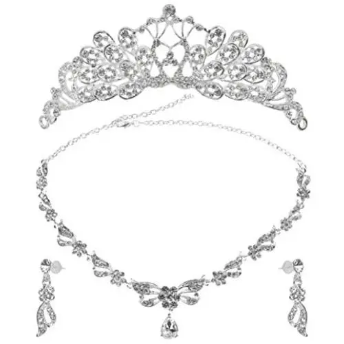 YANSHON Bridal Jewelry Set For Wedding, Tiaras Earrings Necklace Wedding Sets, Crystal Crown Necklace Earrings Tiaras For Women, Bride, Birthday Party YANSHON Bridal Jewelry Set For Wedding, Tiaras Earrings Necklace Wedding Sets, Crystal Crown Necklace Earrings Tiaras For Women, Bride, Birthday Party