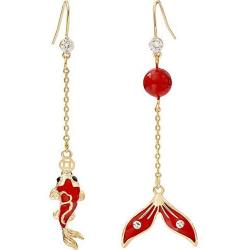 Red Carp Earrings for Women, Asymmetric Fishtail Red Ball Drop Dangle Earrings, Chinese Retro Earrings Hypoallergenic, Prom Koi Earrings Gifts for Girls