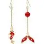 Red Carp Earrings for Women, Asymmetric Fishtail Red Ball Drop Dangle Earrings, Chinese Retro Earrings Hypoallergenic, Prom Koi Earrings Gifts for Girls