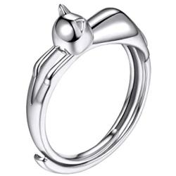 SILVERCUTE Sterling Silver Open Ring Finger Jewelry Vintage Style 3D Animal Crescent Moon Cat/Hollow Kitty/Bulldog/Pearl Cat Ear Statement Ring,Adjustable Size 6 to 12