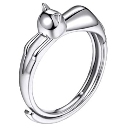 SILVERCUTE Sterling Silver Open Ring Finger Jewelry Vintage Style 3D Animal Crescent Moon Cat/Hollow Kitty/Bulldog/Pearl Cat Ear Statement Ring,Adjustable Size 6 to 12