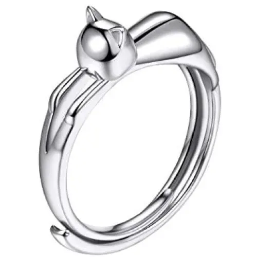 SILVERCUTE Sterling Silver Open Ring Finger Jewelry Vintage Style 3D Animal Crescent Moon Cat/Hollow Kitty/Bulldog/Pearl Cat Ear Statement Ring,Adjustable Size 6 to 12 SILVERCUTE Sterling Silver Open Ring Finger Jewelry Vintage Style 3D Animal Crescent Moon Cat/Hollow Kitty/Bulldog/Pearl Cat Ear Statement Ring,Adjustable Size 6 to 12