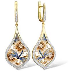 Santuzza Dragonfly Dangle Earrings 14k Yellow Gold Plating 925 Sterling Silver White Cubic Zirconia Enamel Flower Drop Earring Jewelry For Women