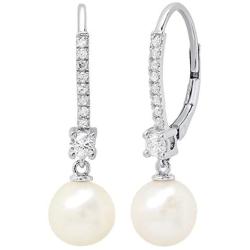 Dazzlingrock Collection 10K Gold 8 MM Each Round White Freshwater Pearls & Diamond Ladies Drop Earrings