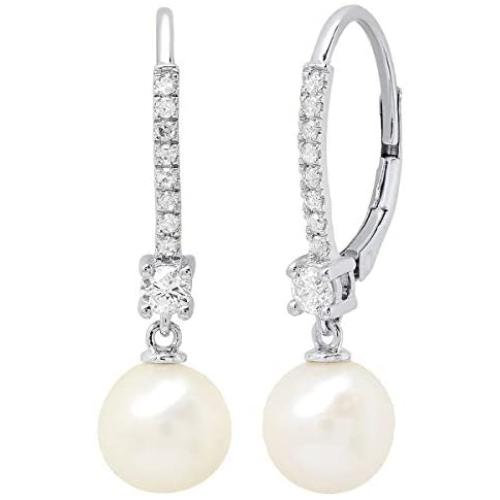 Dazzlingrock Collection 10K Gold 8 MM Each Round White Freshwater Pearls & Diamond Ladies Drop Earrings Dazzlingrock Collection 10K Gold 8 MM Each Round White Freshwater Pearls & Diamond Ladies Drop Earrings